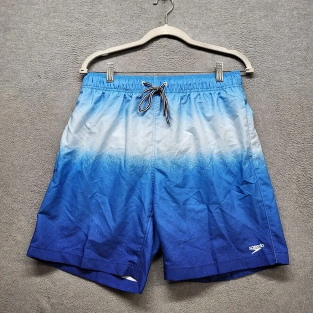 Speedo Men‎ Swimwear Medium Blue Ombre Trunks Logo Drawstring Pocket 7 in Inseam